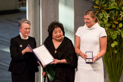 ICAN representatives, Setsuko Thurlow and Beatrice Fihn, accepting the Nobel Peace Prize in 2017.