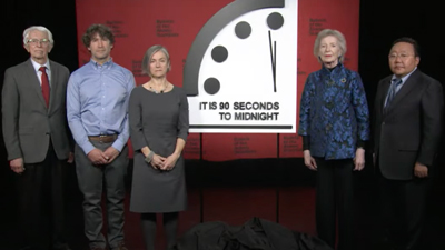Atomic Bulletin announcement to move the Doomsday Clock to 90 seconds before midnight in January 2023.